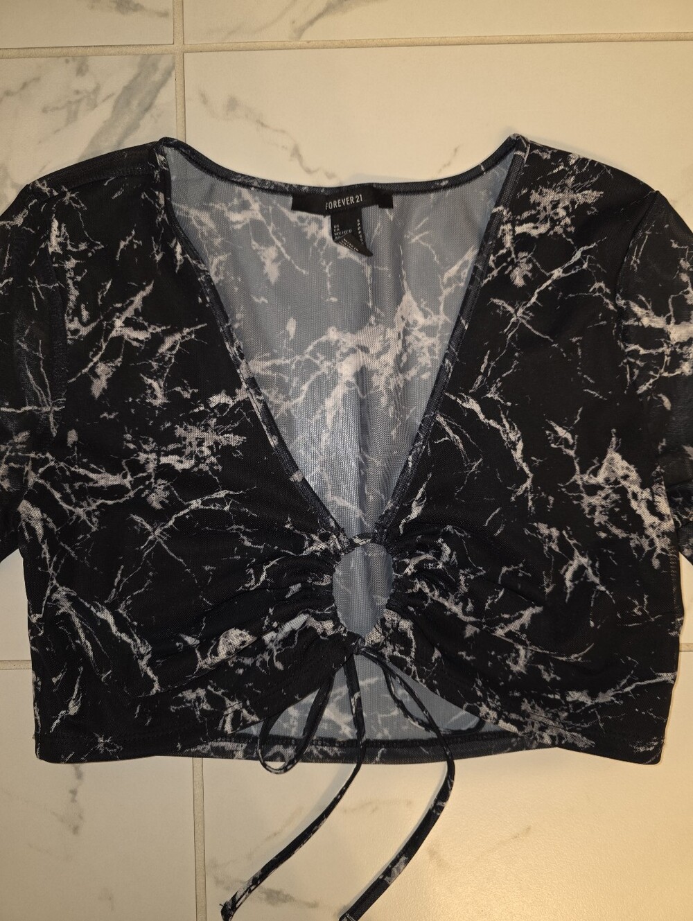 Forever 21 Black Marble-Print Mesh Top
